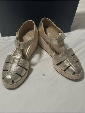 Eileen Fisher Shimmery Gold Espadrille Wedge Sandals